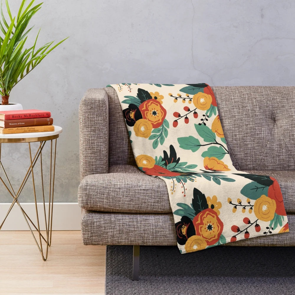 Summer meadow inspired plush blanket with floral, botanical, and nature-themed design