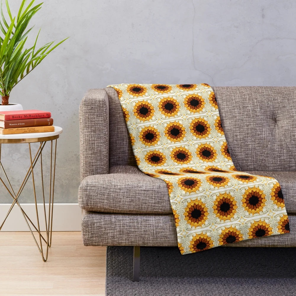 Handmade sunflower crochet granny square pattern plush blanket