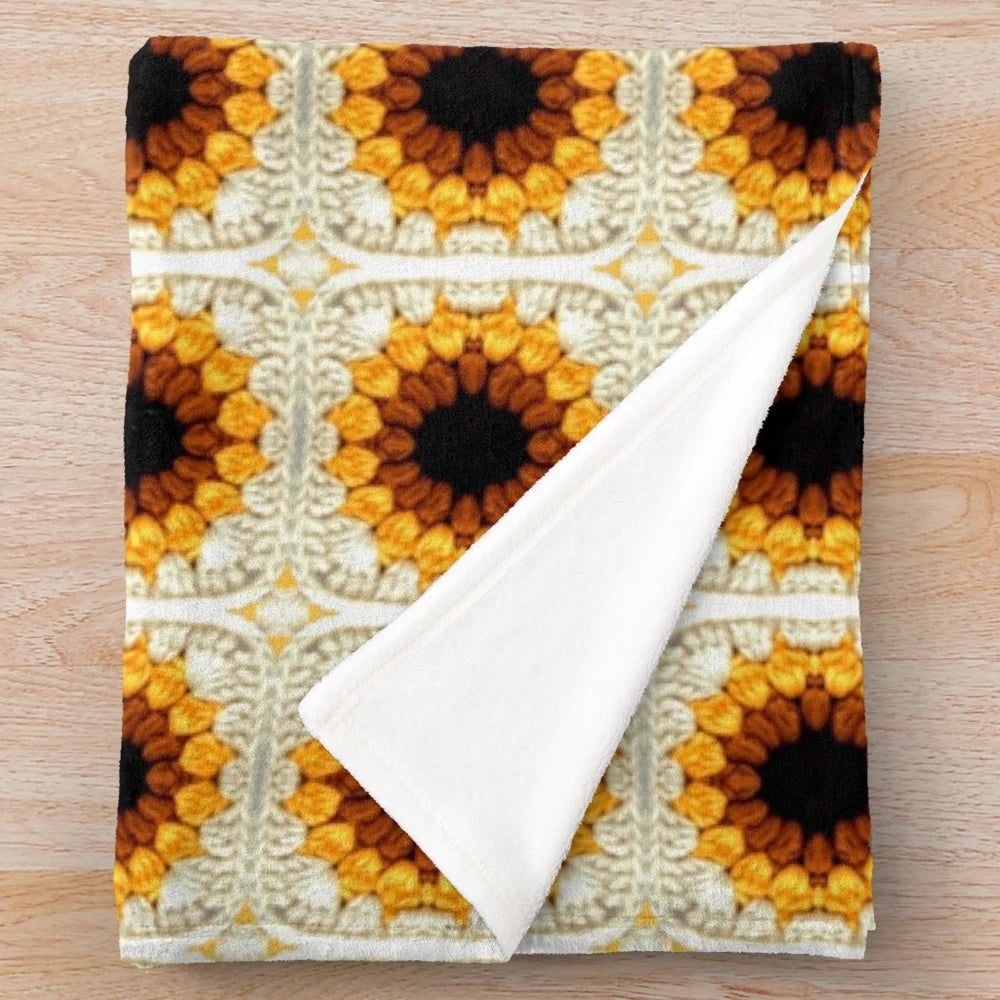 Handmade sunflower crochet granny square pattern plush blanket