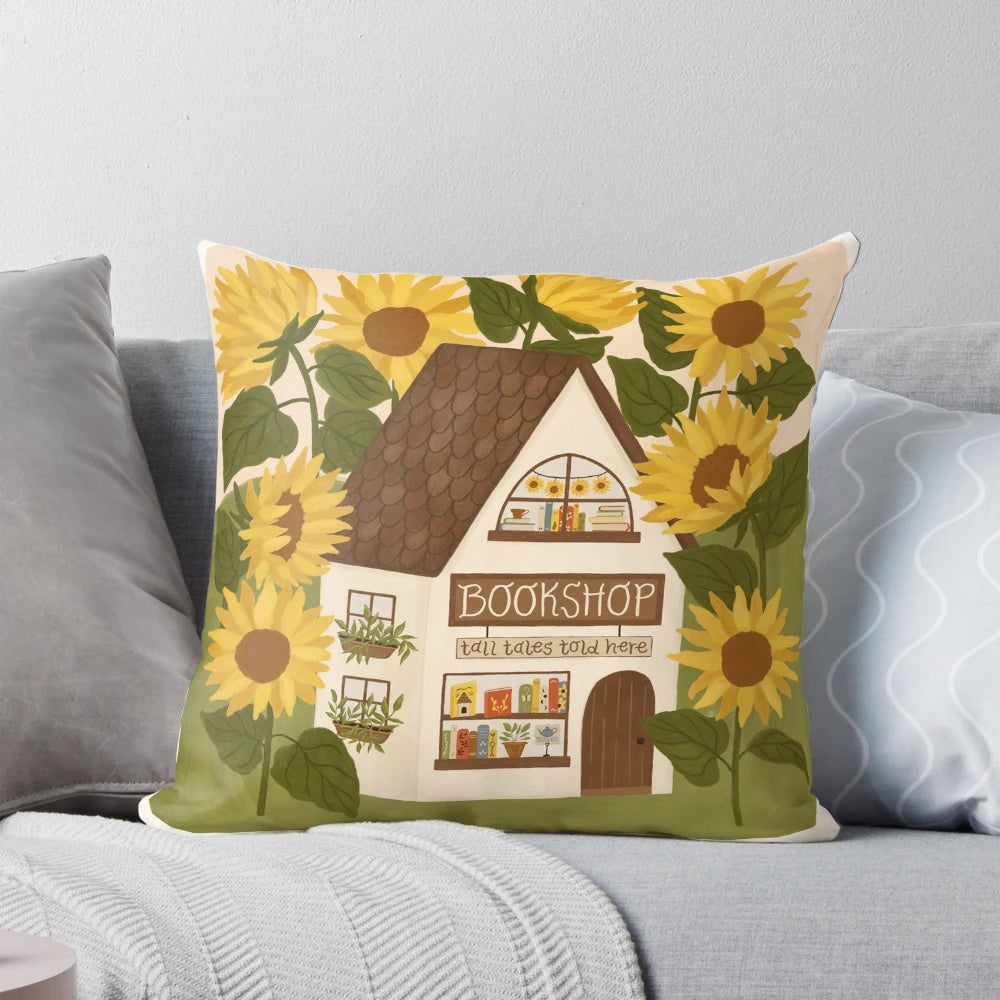 Sunflower-patterned pillow with a vintage bookshop aesthetic