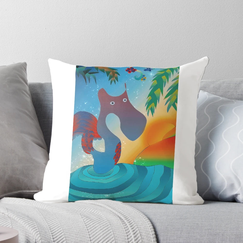 Sunset-inspired decorative pillow with shades of blue and yellow