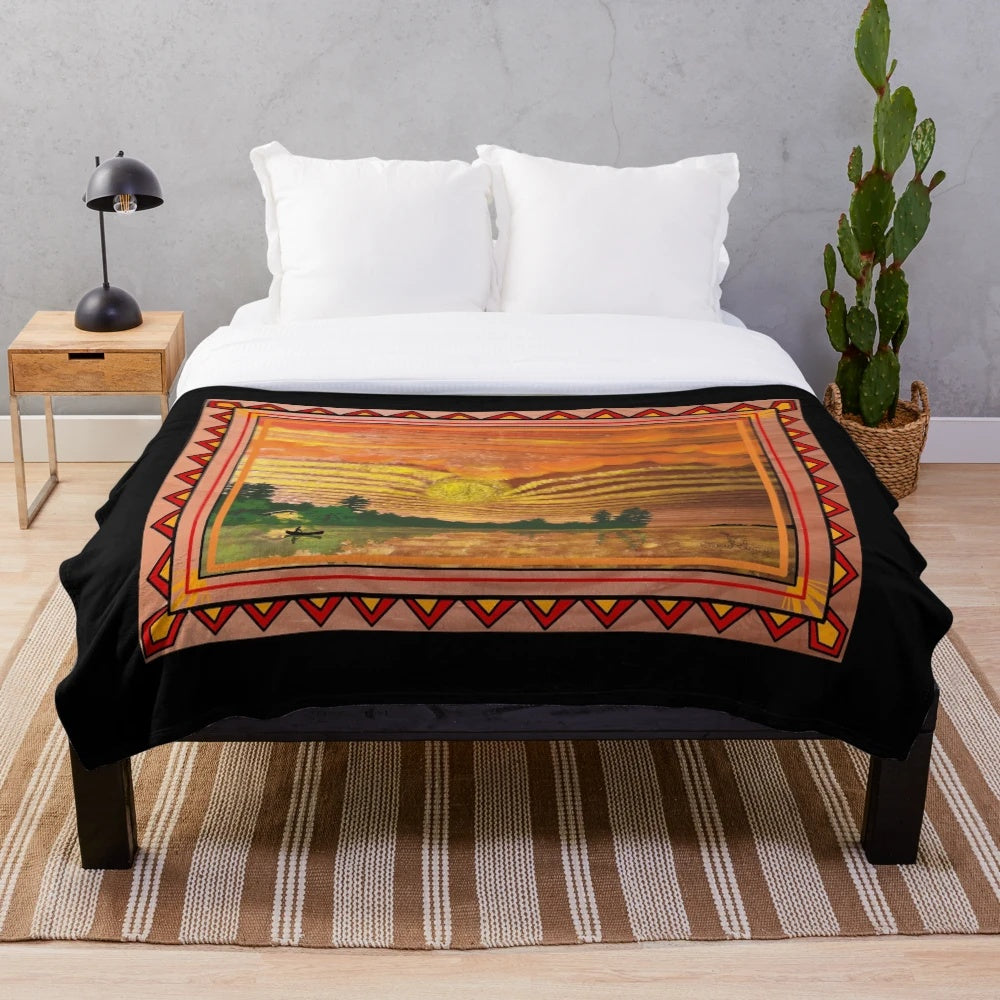 Sunset-inspired plush blanket with wooden art design