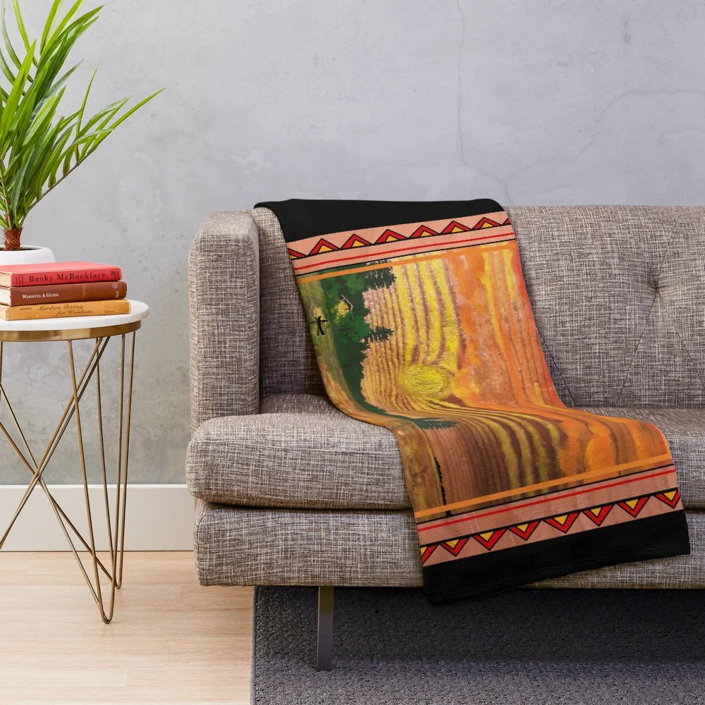 Sunset-inspired plush blanket with wooden art design