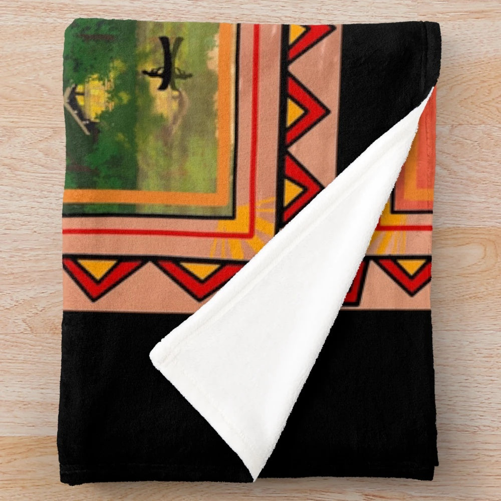 Sunset-inspired plush blanket with wooden art design