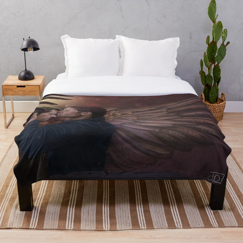 Supernatural-inspired plush blanket featuring Castiel and Dean Winchester