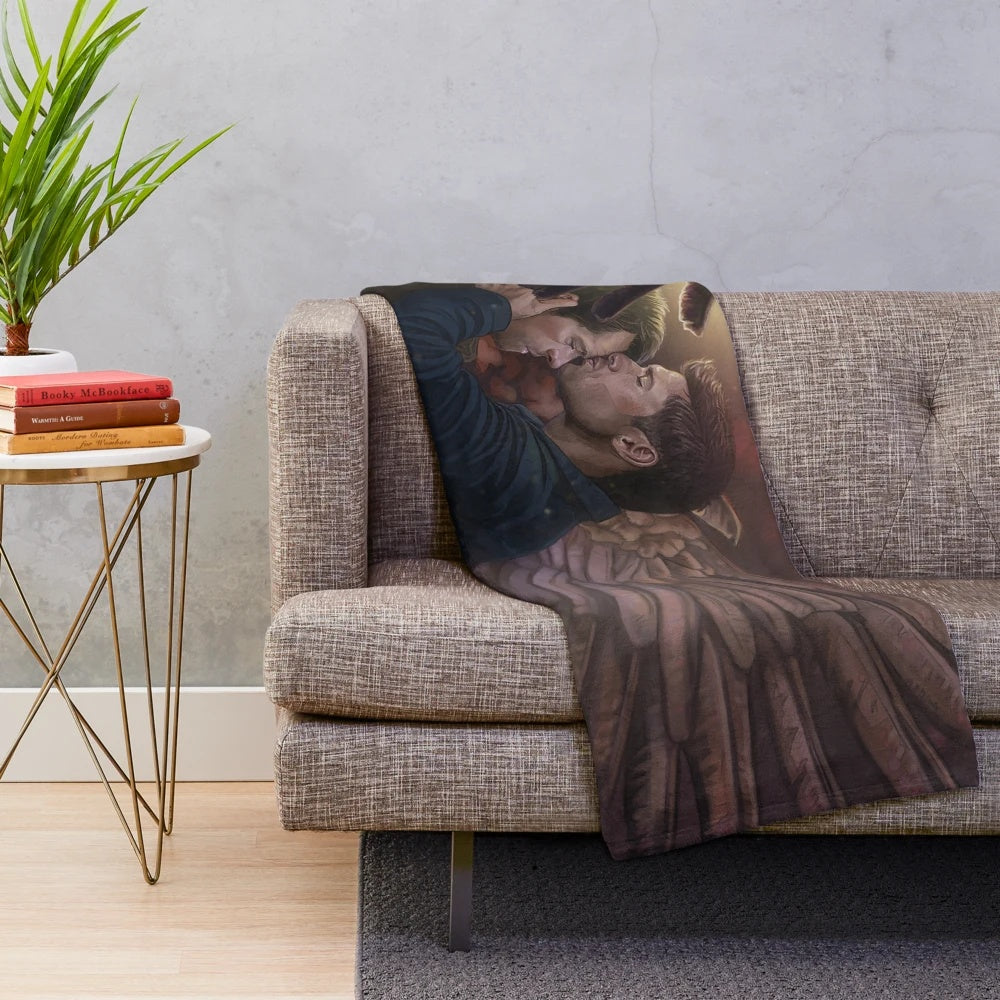 Supernatural-inspired plush blanket featuring Castiel and Dean Winchester