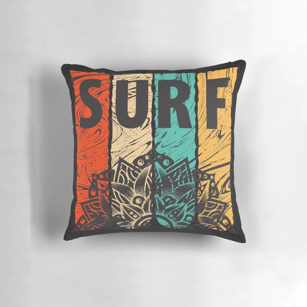 Colorful surf-themed decorative throw pillow with mandala design