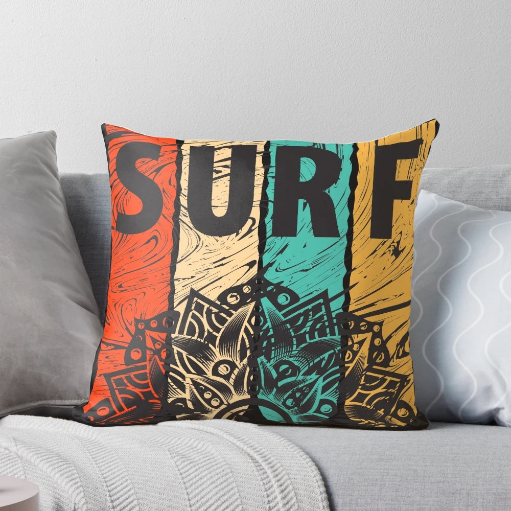 Colorful surf-themed decorative throw pillow with mandala design