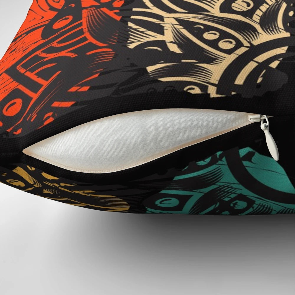 Colorful surf-themed decorative throw pillow with mandala design