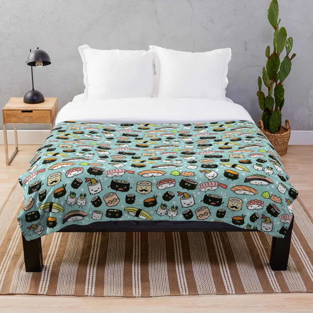 Cute sushi pattern plush blanket with kawaii sushi characters