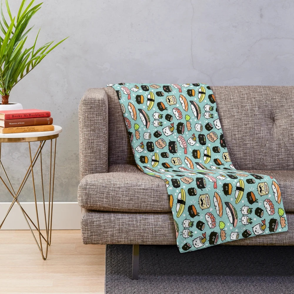 Cute sushi pattern plush blanket with kawaii sushi characters