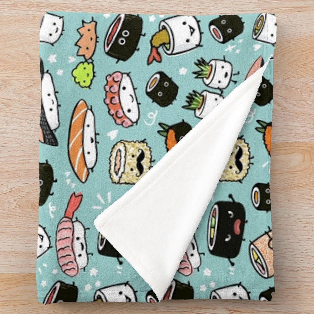 Cute sushi pattern plush blanket with kawaii sushi characters