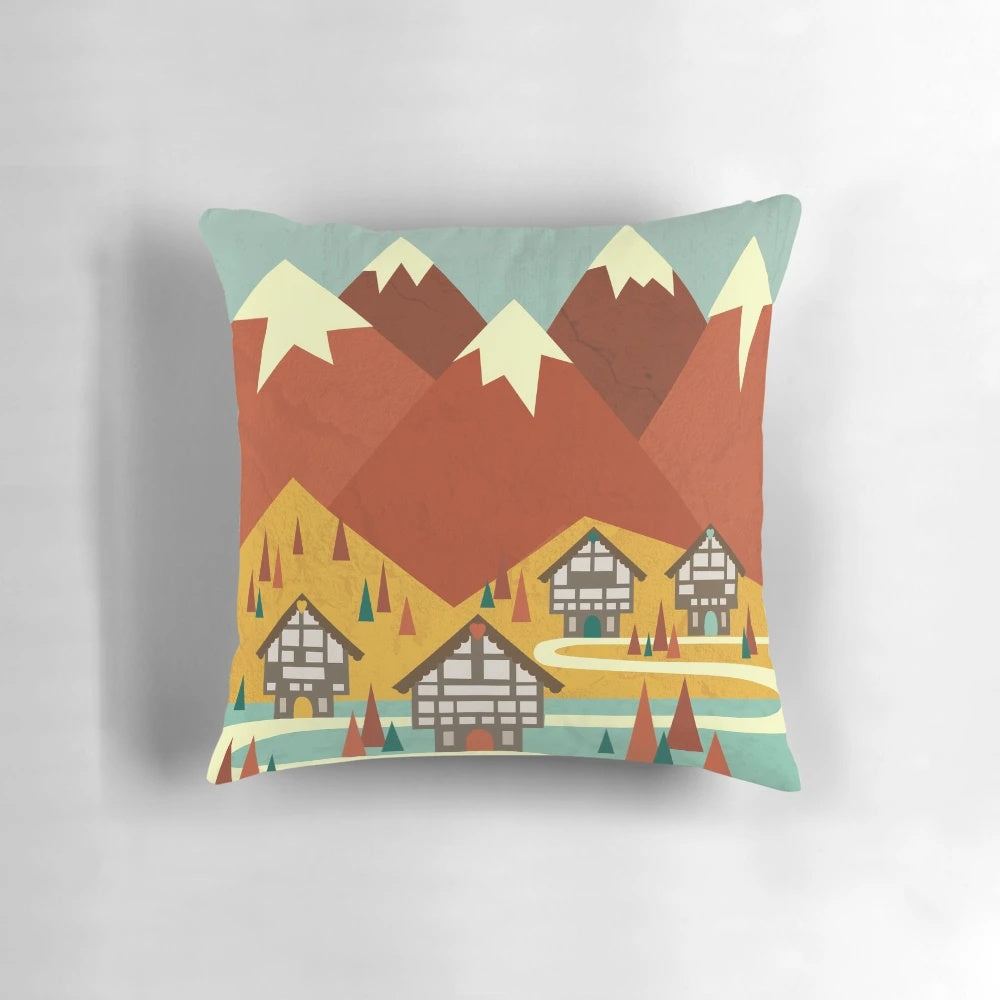 Vintage illustration of a traditional Swiss chalet nestled in the snowy mountains and trees