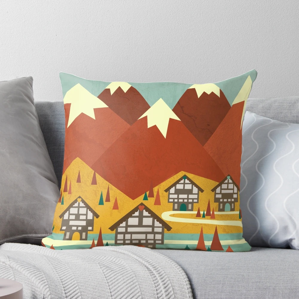 Vintage illustration of a traditional Swiss chalet nestled in the snowy mountains and trees