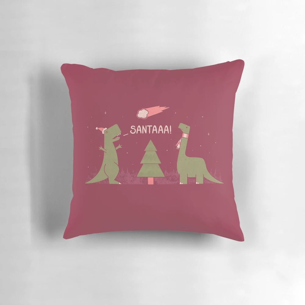 Merry Extinction Pillow featuring a whimsical T-Rex in a Santa hat, a festive dinosaur-themed Christmas decoration.