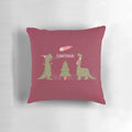 Merry Extinction Pillow featuring a whimsical T-Rex in a Santa hat, a festive dinosaur-themed Christmas decoration.
