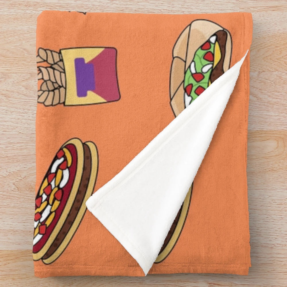 Taco-themed plush blanket with cute doodle design