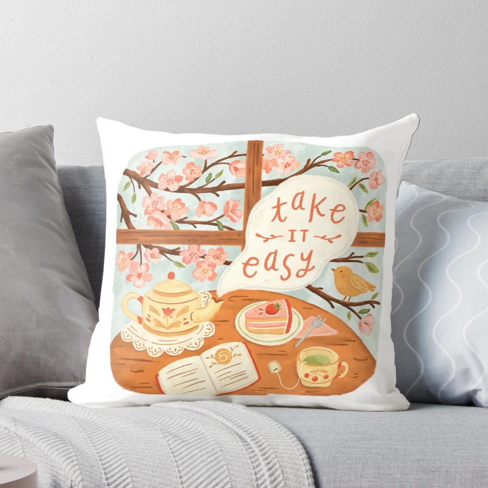 Soft, floral patterned pillow in a cozy, cottagecore style, perfect for tea lovers to relax and unwind.