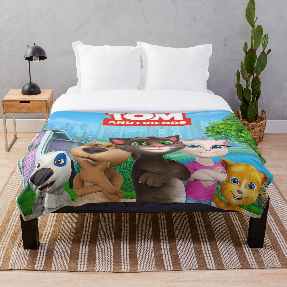 Talking Tom and his friends on a cozy plush blanket