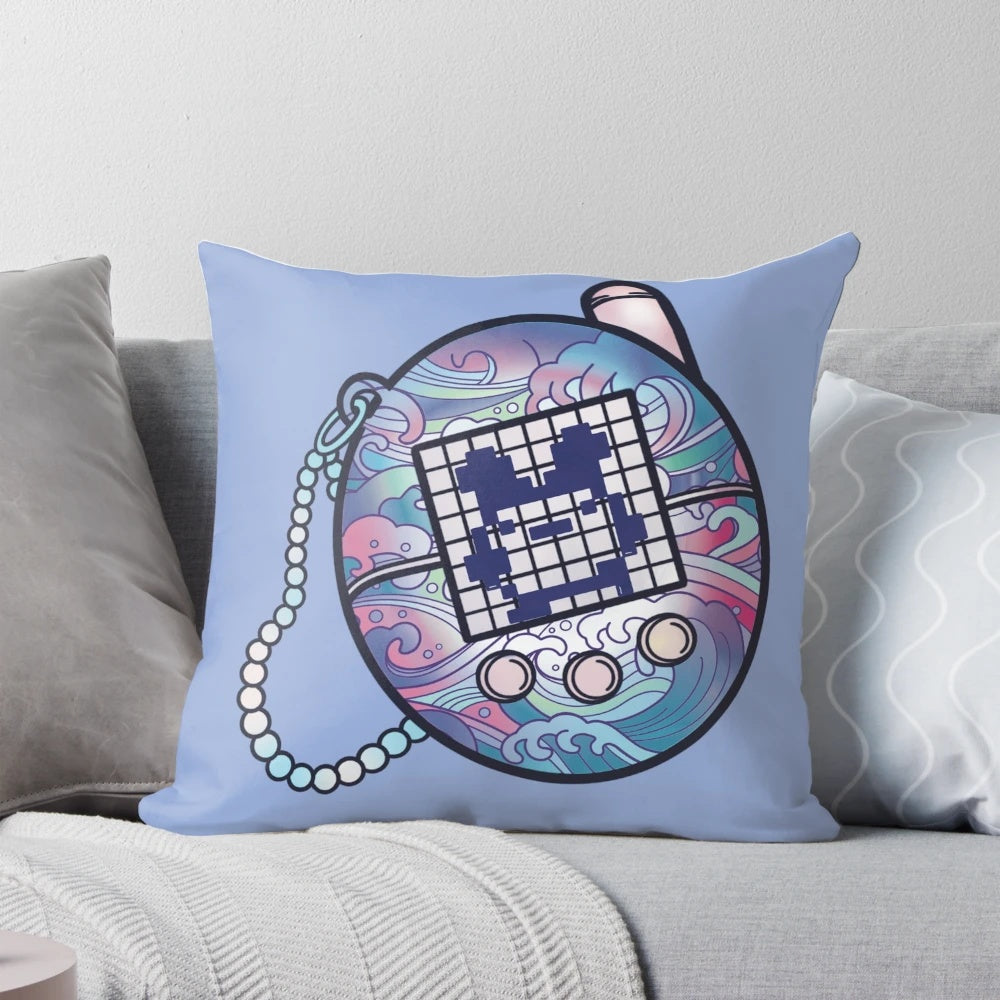 Plush tamagotchi-themed pillow in a retro, kawaii aesthetic