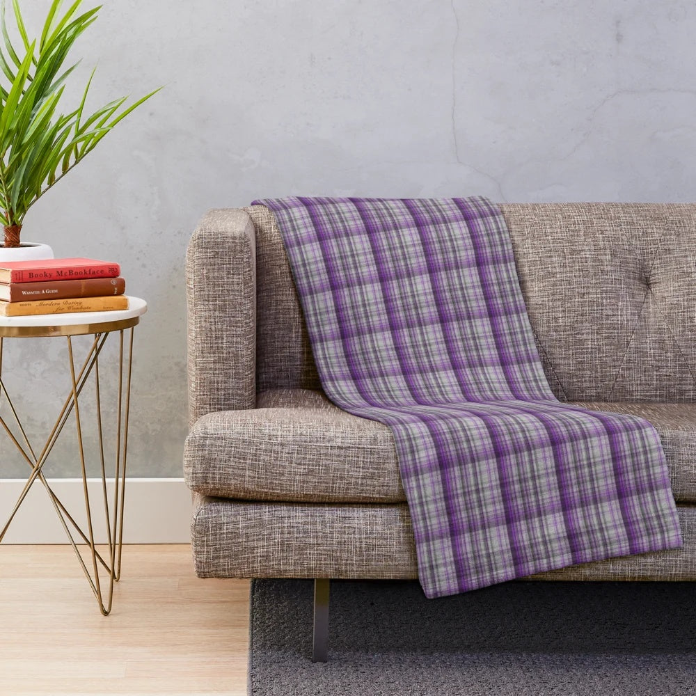 Soft and warm tartan-patterned plush blanket in shades of purple and grey