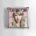 A soft, plush pillow featuring the image of popular singer-songwriter Taylor Swift.