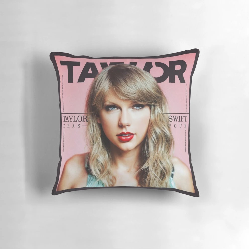 A soft, plush pillow featuring the image of popular singer-songwriter Taylor Swift.