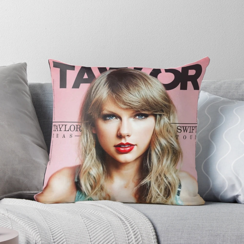 A soft, plush pillow featuring the image of popular singer-songwriter Taylor Swift.
