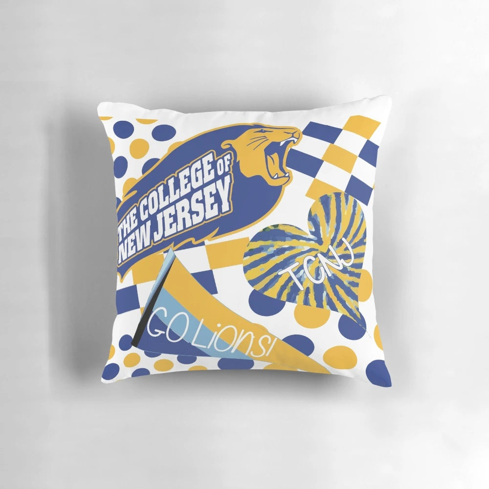 The College of New Jersey Lions Collage Pillow in Blue and Yellow