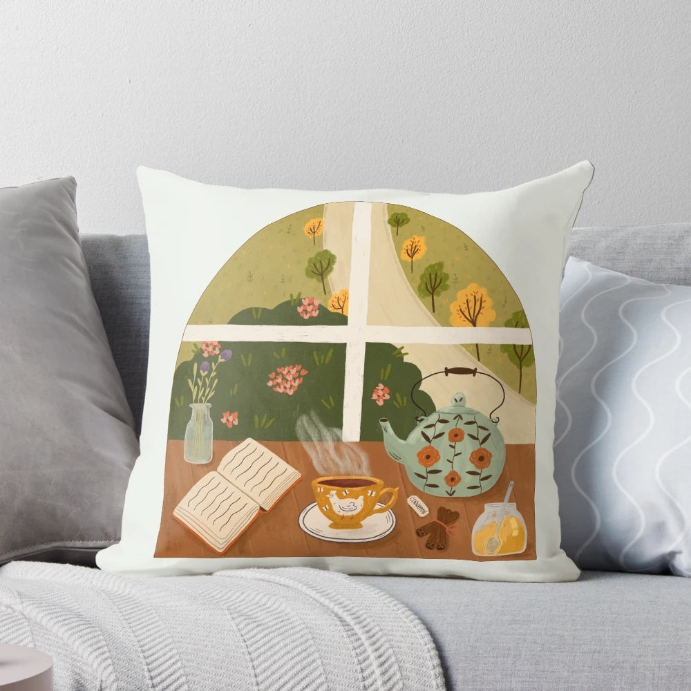 A cozy tea time pillow featuring a teapot, teacup, and books on a cottage-style windowsill.