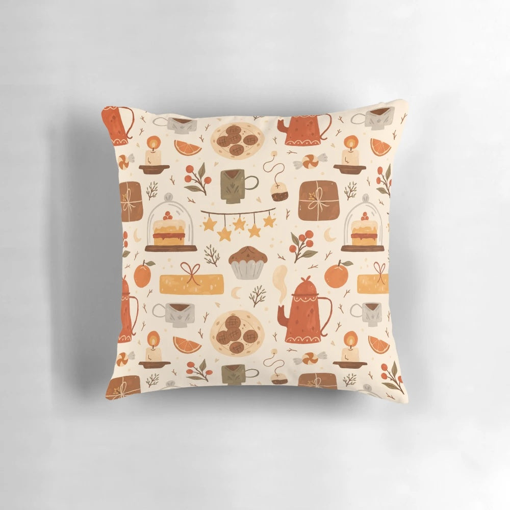 Festive tea time pillow featuring teacups, teapots, and a cozy winter aesthetic