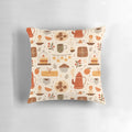 Festive tea time pillow featuring teacups, teapots, and a cozy winter aesthetic