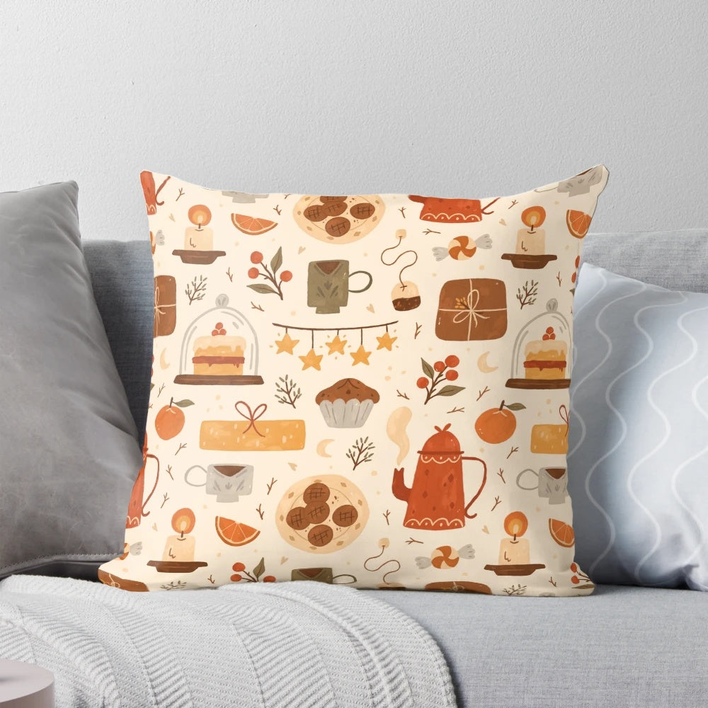 Festive tea time pillow featuring teacups, teapots, and a cozy winter aesthetic