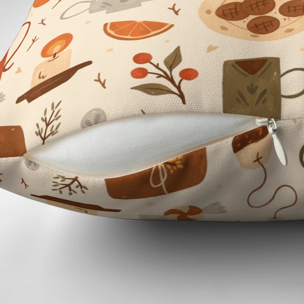 Festive tea time pillow featuring teacups, teapots, and a cozy winter aesthetic