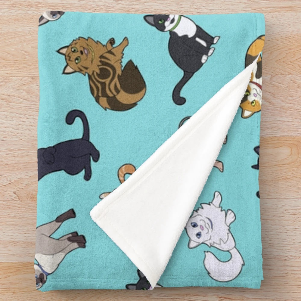 Teal plush blanket with cute cat pattern design