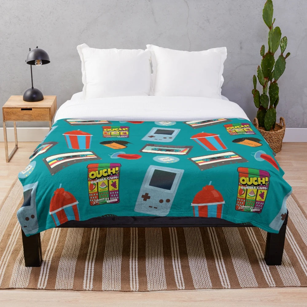 Teal plush blanket with nostalgic retro patterns