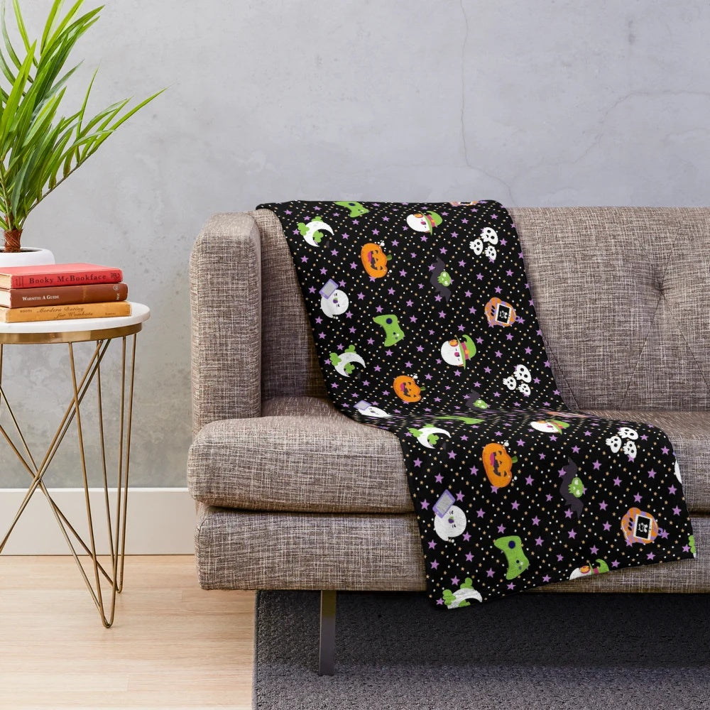 Cozy plush Halloween-themed blanket with tech and electronic design elements
