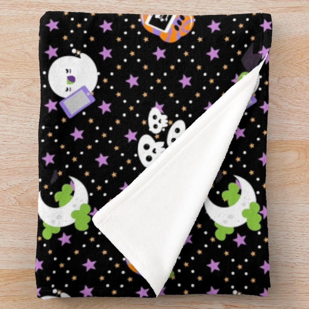 Cozy plush Halloween-themed blanket with tech and electronic design elements