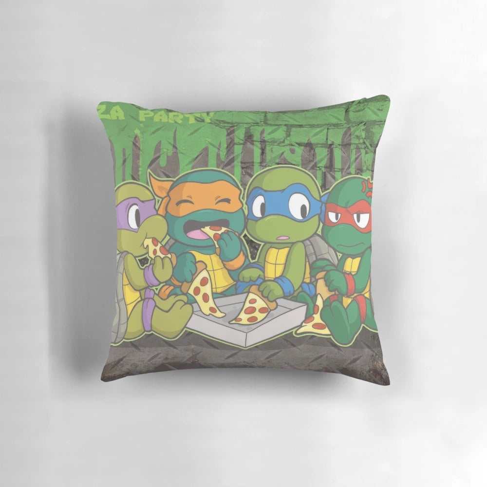 Colorful Teenage Mutant Ninja Turtles inspired chibi-style pillow for a fun pizza party