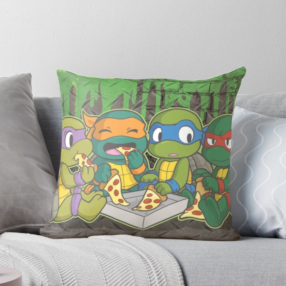 Colorful Teenage Mutant Ninja Turtles inspired chibi-style pillow for a fun pizza party