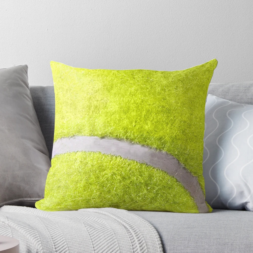 A plush, decorative throw pillow featuring a vibrant tennis ball design, perfect for adding sporty style to a man cave or home.