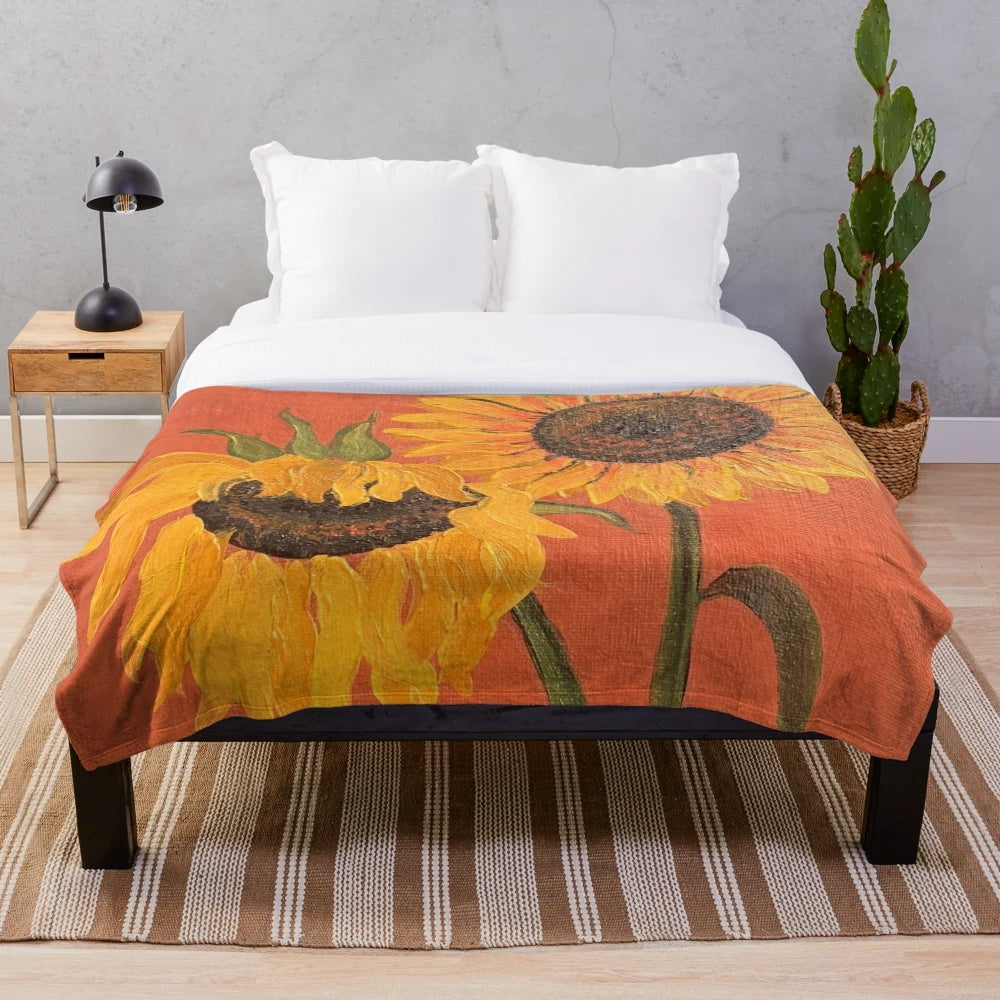 Terracotta sunflower plush blanket with vibrant yellow flowers