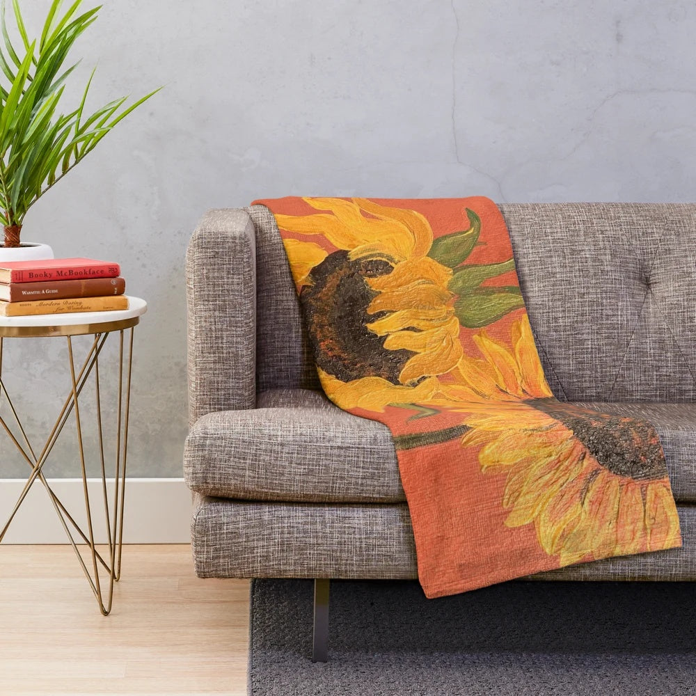 Terracotta sunflower plush blanket with vibrant yellow flowers