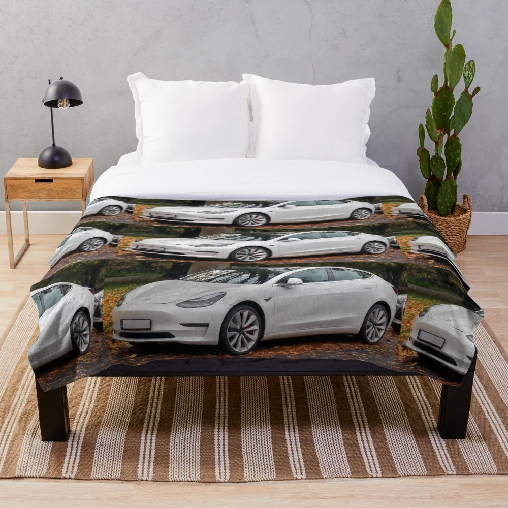 Tesla Model 3 Plush Blanket with Electric Car Design