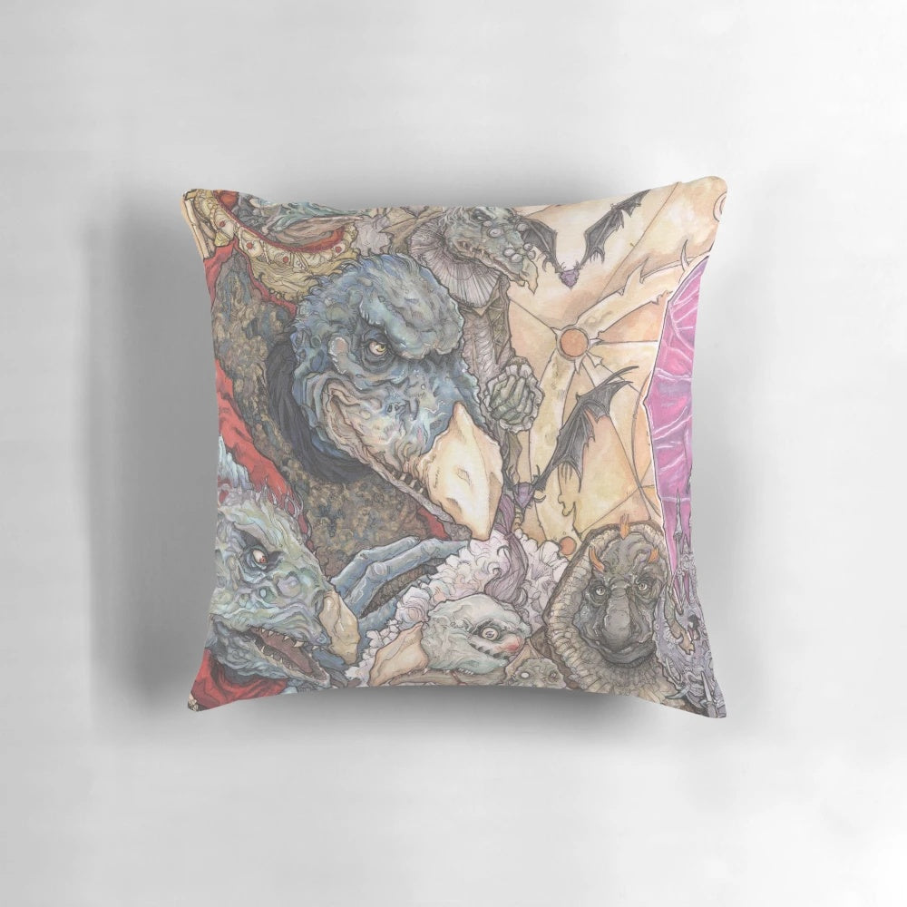 The Dark Crystal Skeksis Pillow, a plush cushion featuring the iconic Skeksis creatures from the beloved fantasy film.