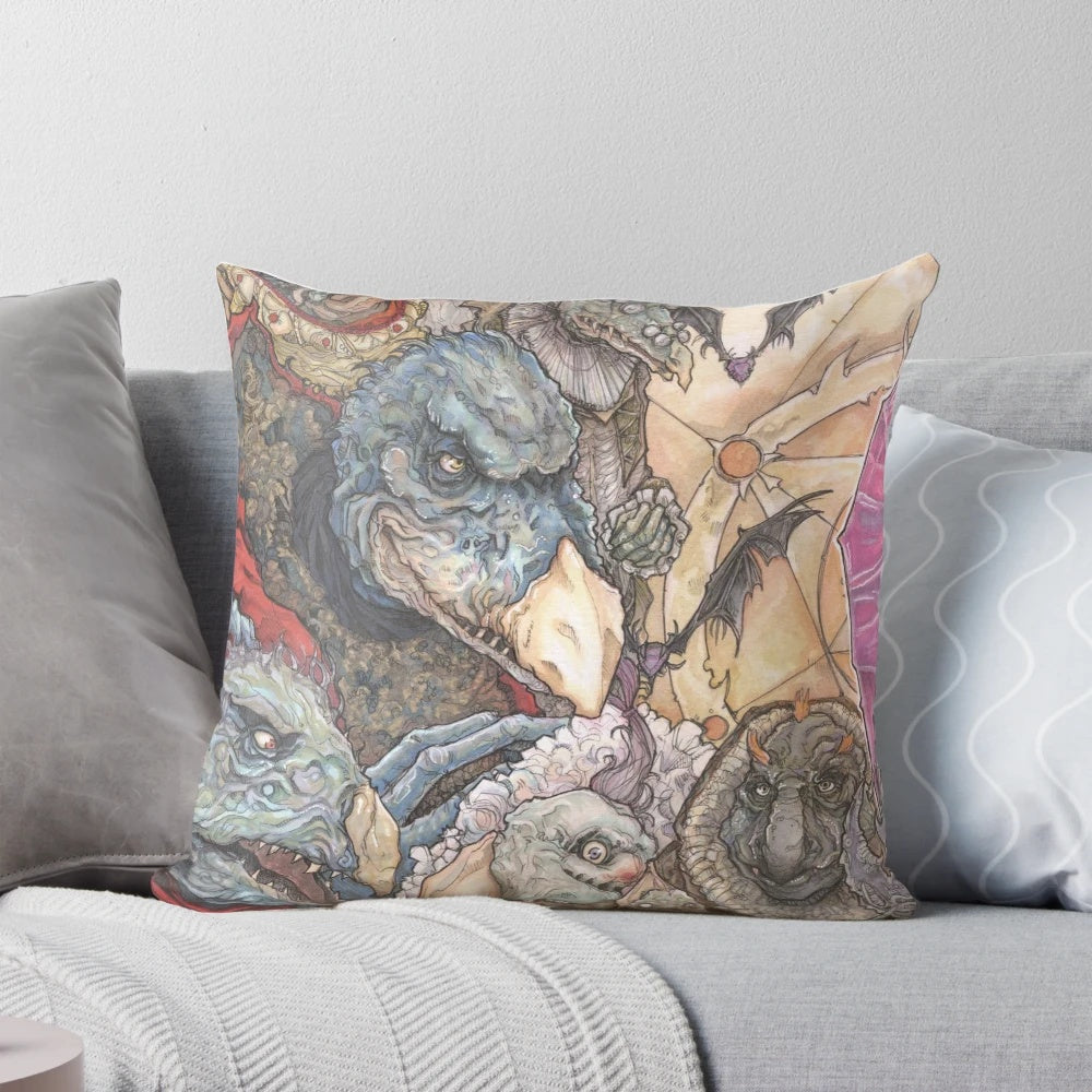 The Dark Crystal Skeksis Pillow, a plush cushion featuring the iconic Skeksis creatures from the beloved fantasy film.