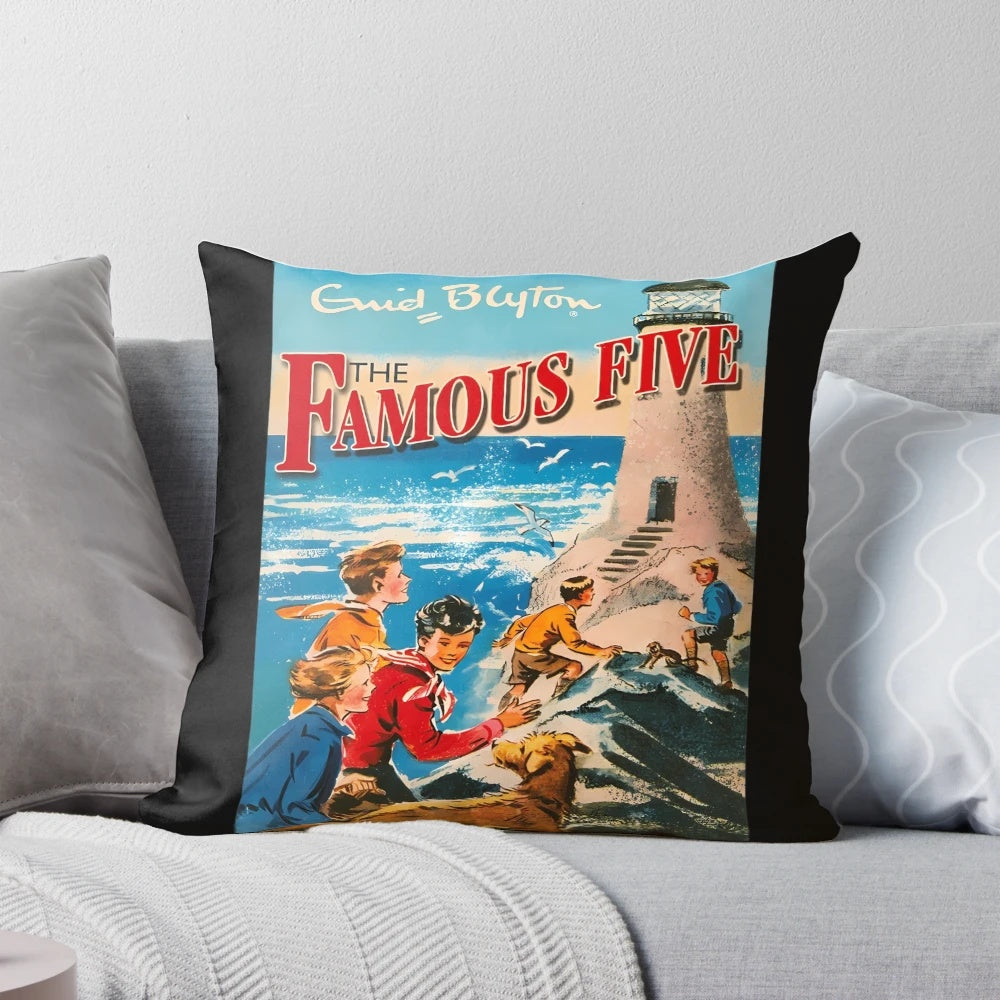 A cozy throw pillow inspired by the classic children's book series "The Famous Five