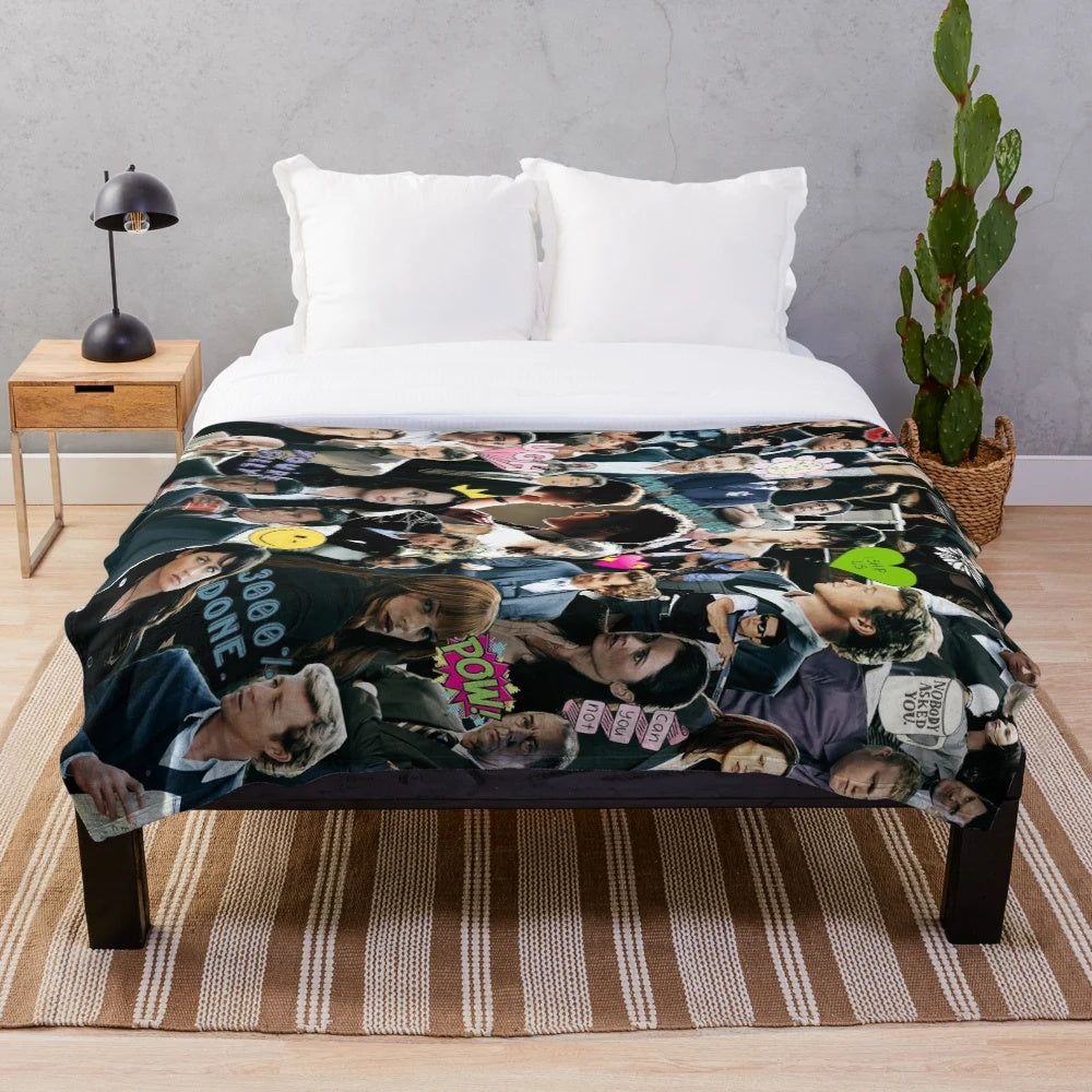 The Mentalist inspired plush blanket featuring characters Patrick Jane, Teresa Lisbon, and the team