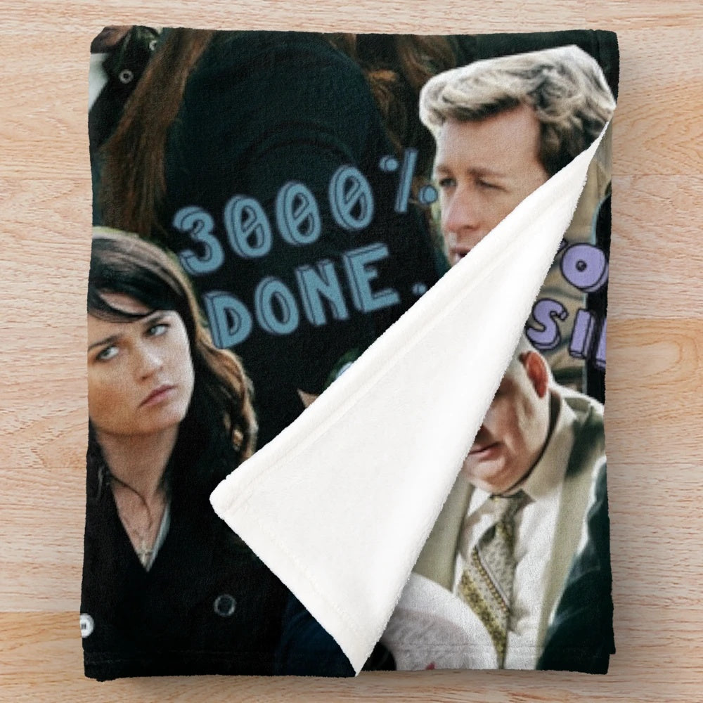 The Mentalist inspired plush blanket featuring characters Patrick Jane, Teresa Lisbon, and the team