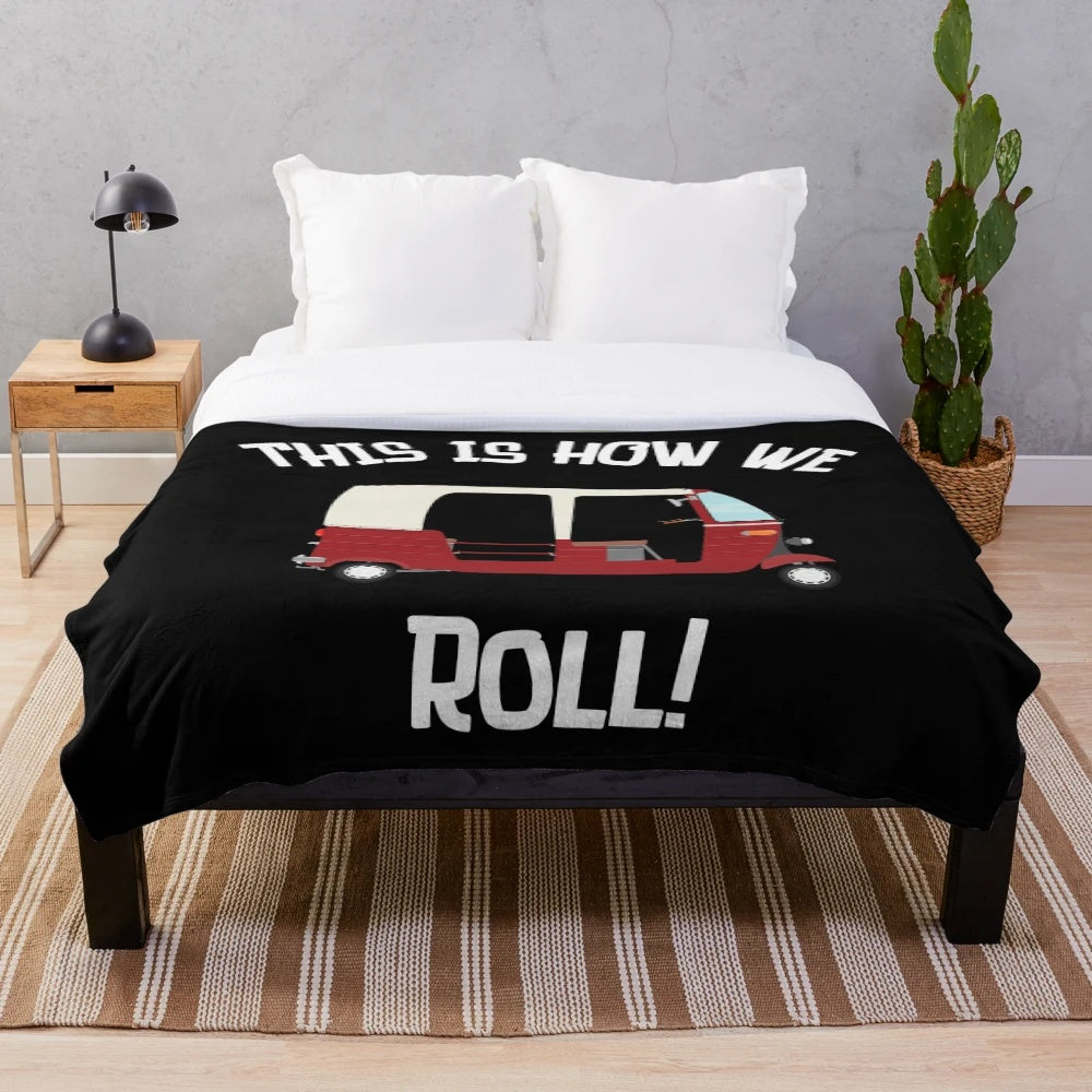 Cozy "This Is How We Roll" plush blanket featuring Sri Lankan three-wheeler vehicles